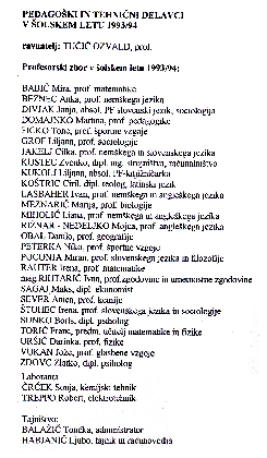 Pedagoški in tehnični delavci v šolskem letu 1993/94