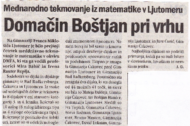 Mednarodno tekmovanje iz matematike v Ljutomeru (iz časopisa Vestnik)